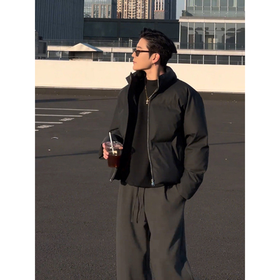 黑色短款pu皮羽绒棉衣男款冬季