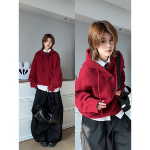 安可拉红连帽毛衣男女秋冬学院风假两件针织衫宽松慵懒风套头上衣