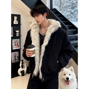 棉衣 加厚仿貂绒保暖高级感痞帅短款 美式 座山雕连帽毛领棉服男冬季