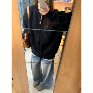 韩系慵懒风双拉链针织开衫 复古cleanfit外套 男秋冬半高领毛衣美式