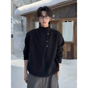 斜襟金属纽扣套头针织衫男款秋冬韩系慵懒风半高领毛衣高级感外套