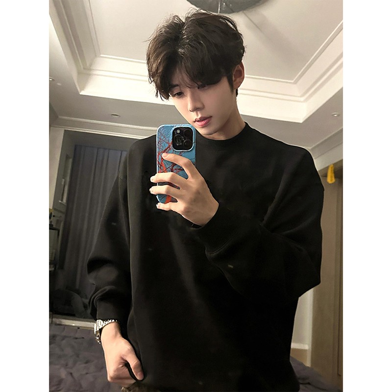 黑色重磅圆领卫衣男生秋冬季