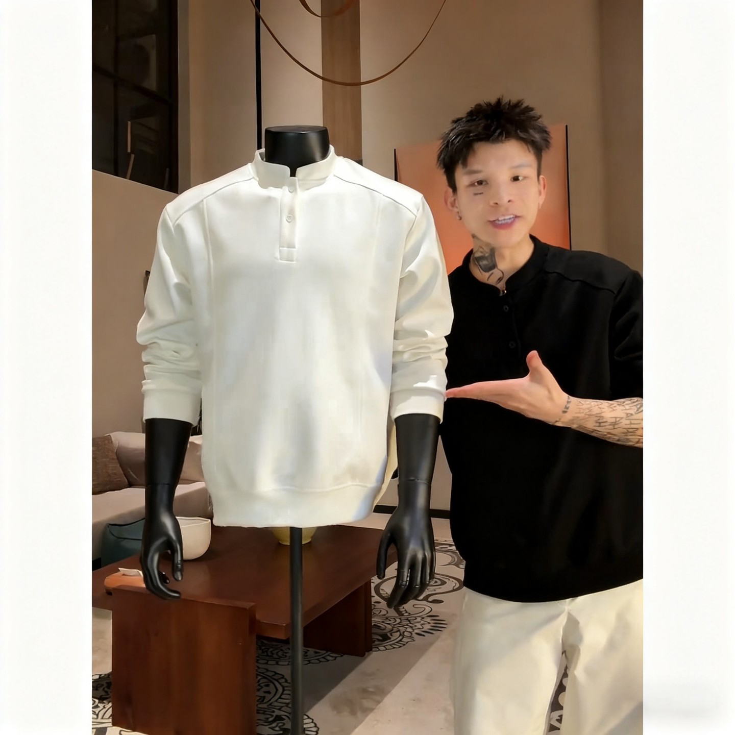 美式正肩亨利领t恤男秋冬季加绒长袖polo衫重磅解构拼接内搭卫衣