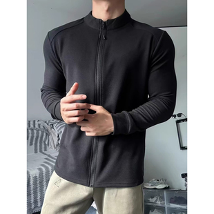 美式健身运动训练服男款秋冬双面德绒长袖t恤黑色半高领开衫外套