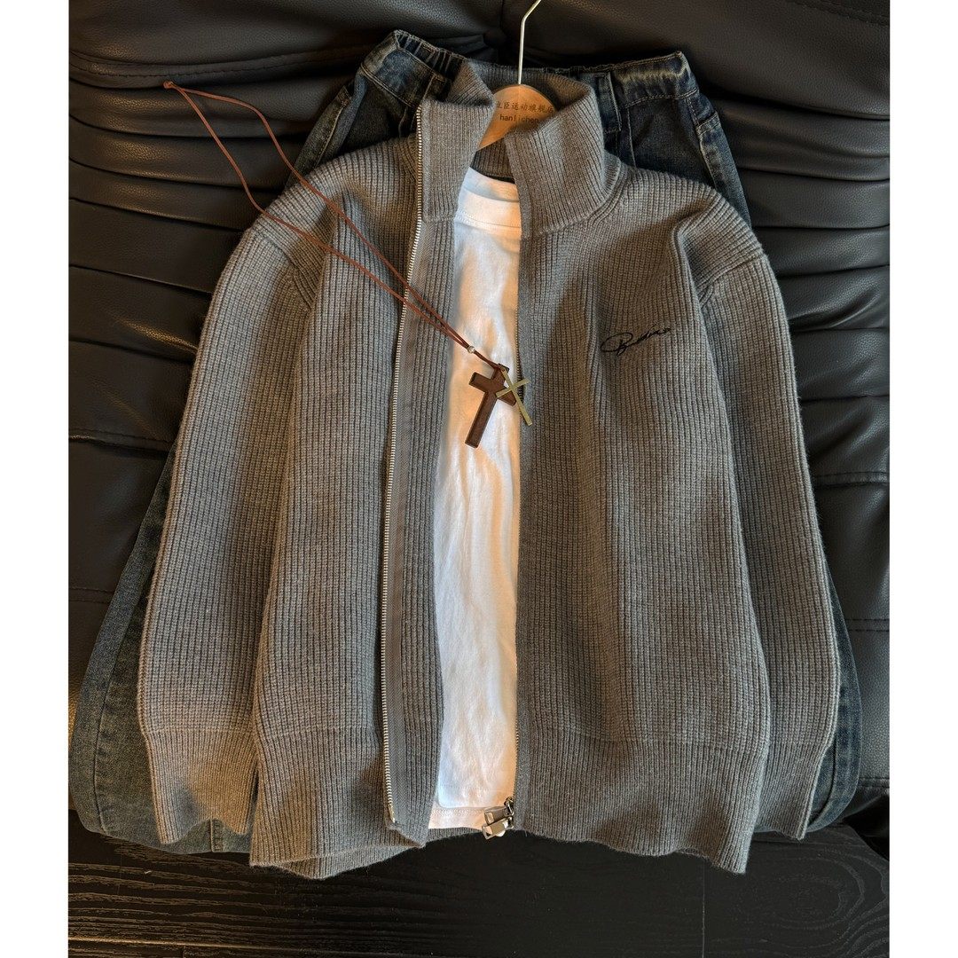 灰色双拉链刺绣开衫毛衣男秋冬美式复古慵懒针织衫高级感立领外套,男装,针织衫/毛衣,淘宝优惠券,粉丝福利购,淘宝优惠卷