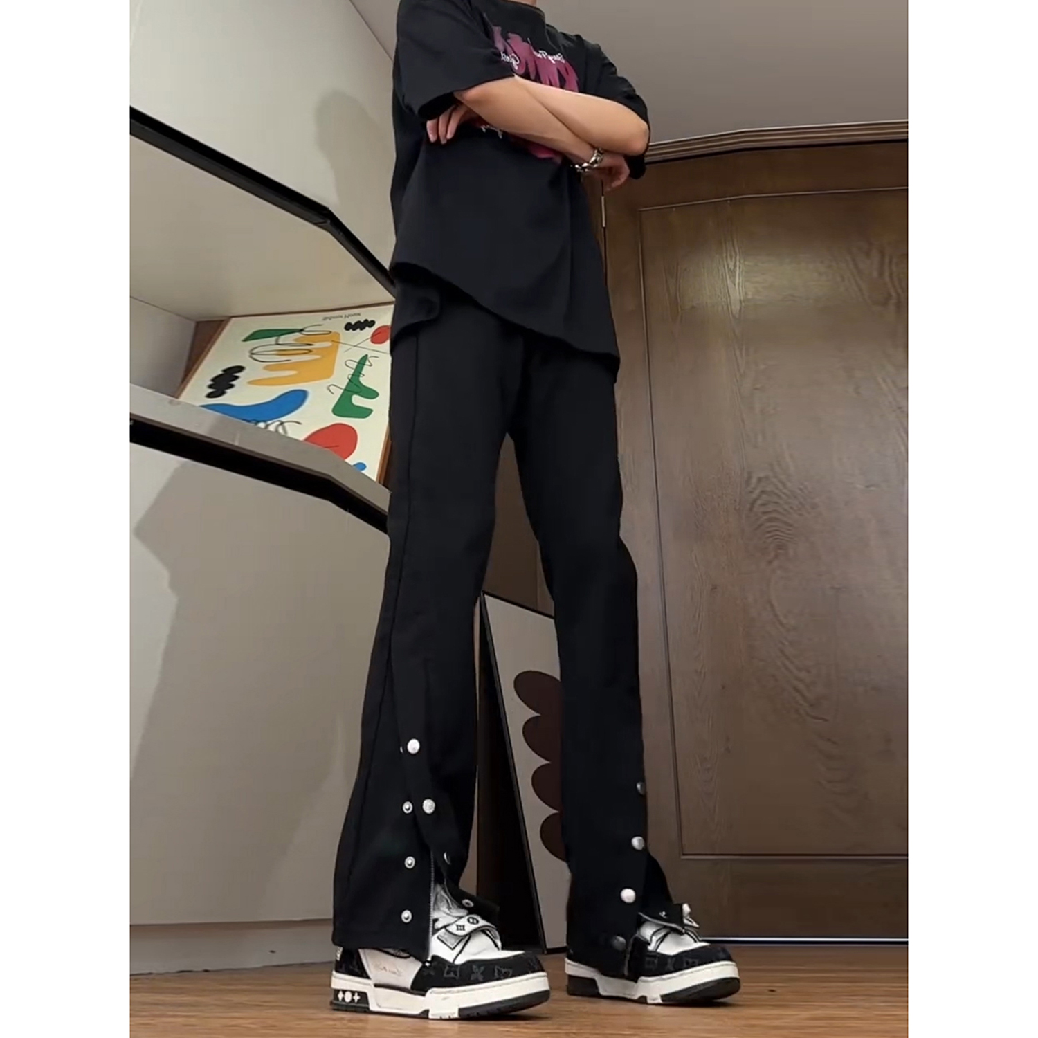 美式高街复古排扣开叉黑色牛仔裤