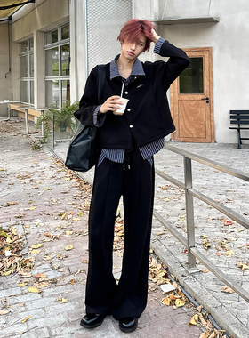 黑色假两件条纹拼接卫衣直筒阔腿弯刀裤秋季男生酷帅穿搭一整套装