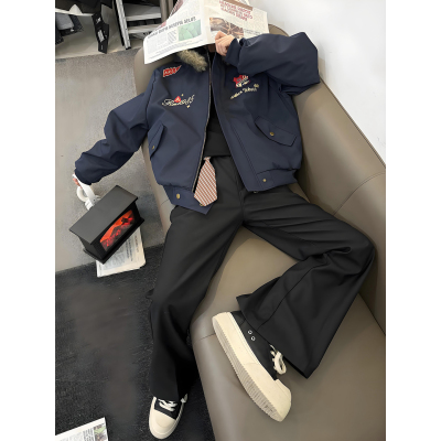 藏青色徽章刺绣夹克棉服男款冬季