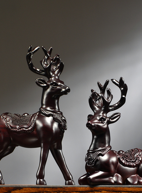 黑檀木雕梅花鹿摆件实木一对家居客厅办公桌面摆设酒柜Z装饰工艺