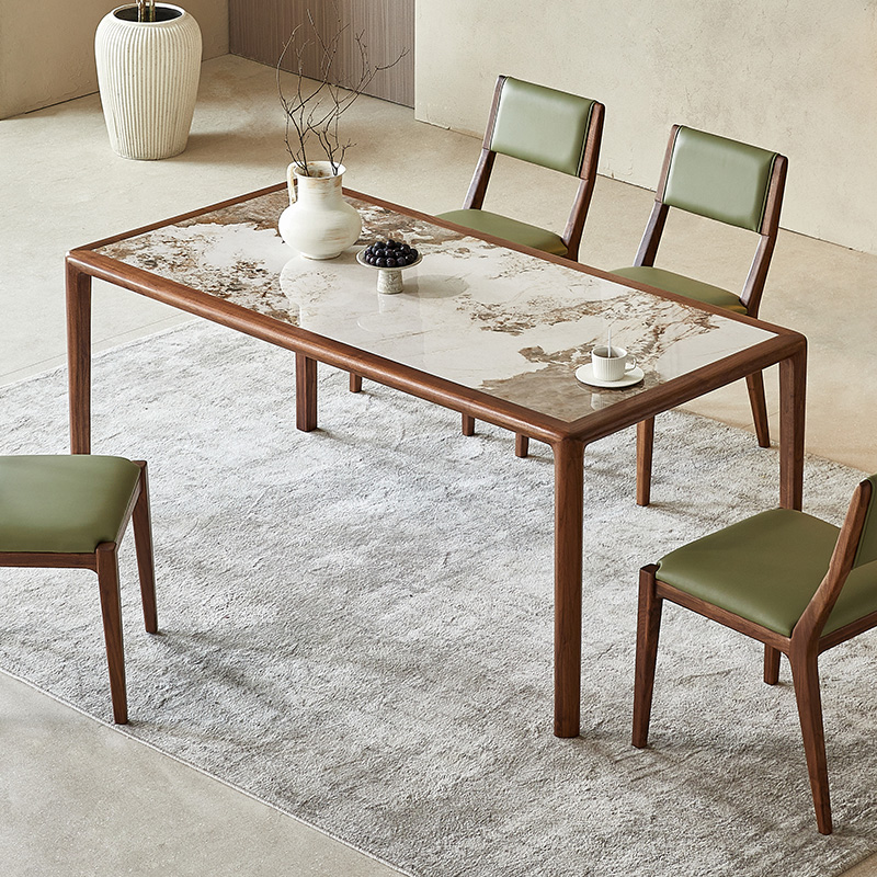 北美黑胡桃木餐桌现代简约轻奢家用岩板餐L桌全实木饭桌长方形桌