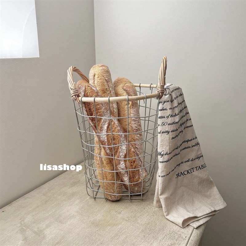 Lisashop简约铁艺网格收纳篮藤C条铁丝编织储物筐纯手工手提置物