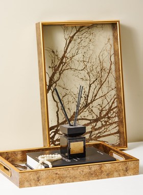 欧式轻奢金色长方形透明底t茂密树枝托盘摆件样板间客厅收纳盘装