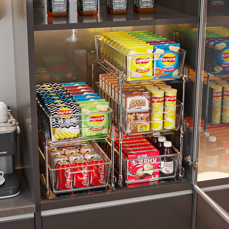 可伸缩橱柜收纳抽屉式厨房整理桌面零食架子杂物T亚克力透明置物