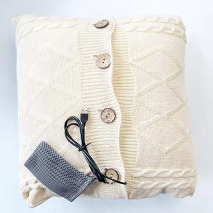 USB电热针织抱枕靠垫木纽扣腈纶毛纱提花腰靠办公室座椅暖腰保暖