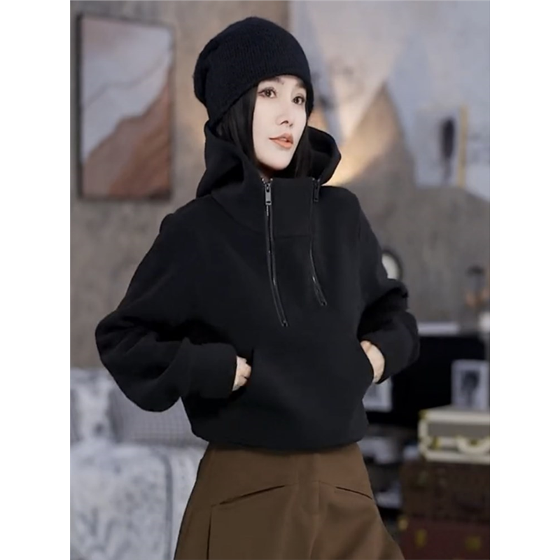香港美式欧货双拉链设计款连帽加绒加厚秋冬季卫衣女洋气保暖帽衫