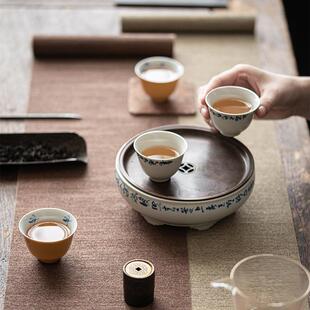 古青仿古壶承手写青花釉下拟古陶瓷干泡盘古铜做旧小茶盘