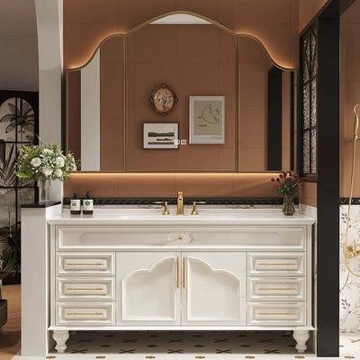 法式复古橡木浴室柜组合落地式岩板热弯一体盆洗漱台洗手池脸盆柜