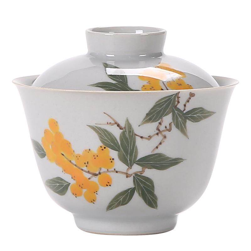 釉下彩手绘枇杷盖碗大号陶瓷茶杯功夫茶具敬茶碗单个家用泡茶器