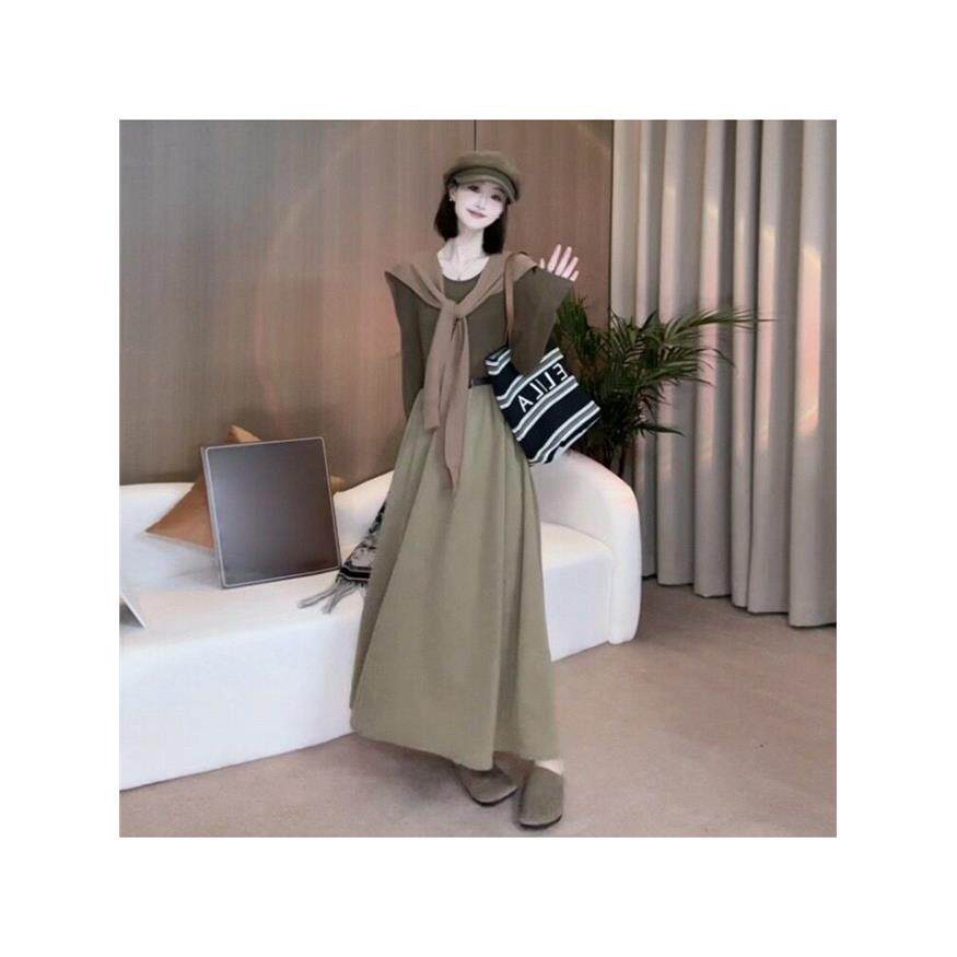 复古气质纯色圆领显瘦长