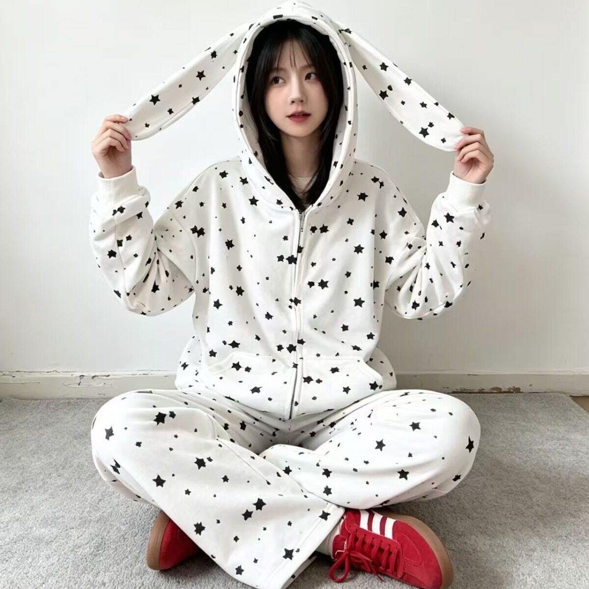 连帽冬季睡衣女ins风兔耳