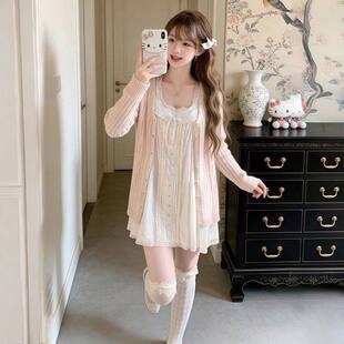 小个子早春韩版穿搭套装绞花针织开衫女学生搭配无袖娃娃领连衣裙
