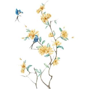 新中式纯手绘花鸟装饰画水移画客厅玄关柜子门上贴纸卧室家具贴画