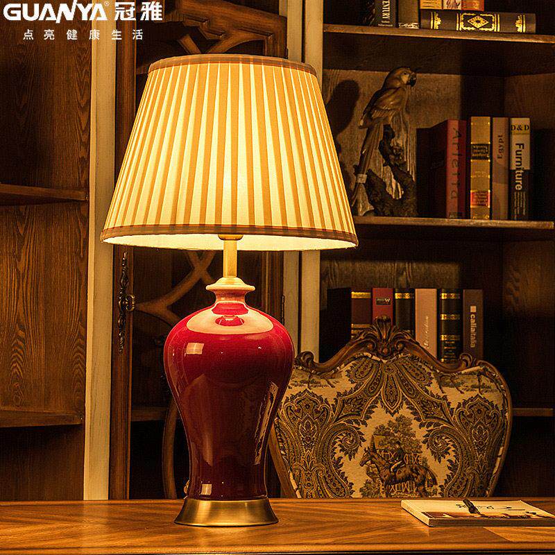 中式客厅大红陶瓷台灯覆古书房古典卧室高端住宅装修样板房台灯