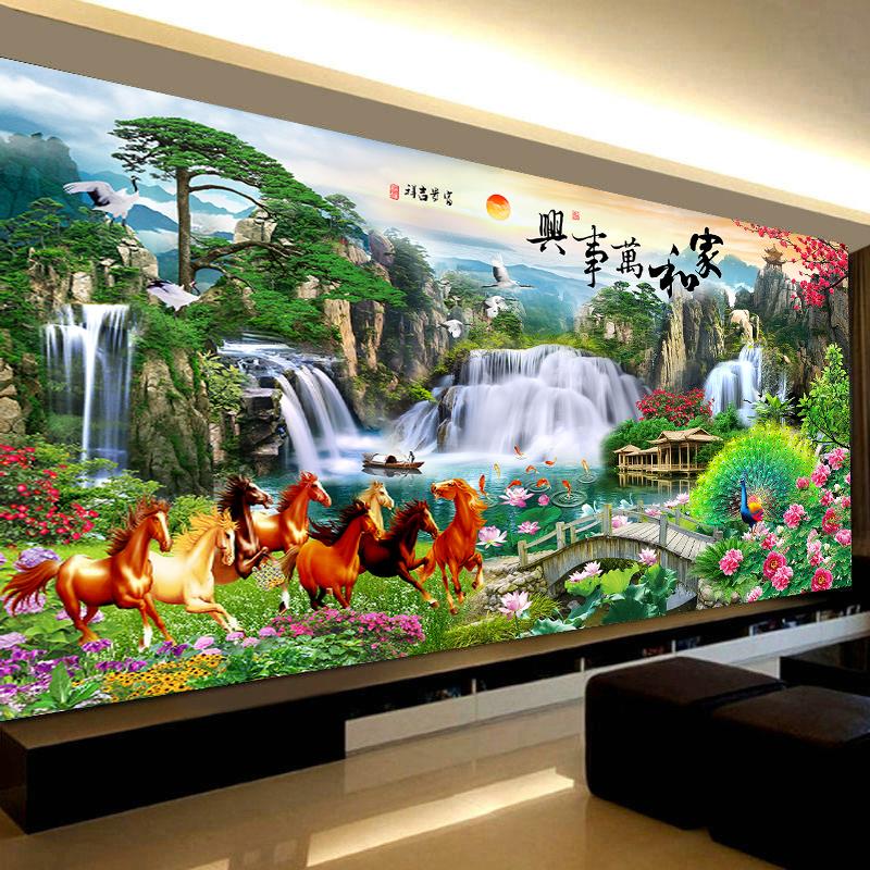 2025新款钻石画客厅家和万事兴山水风景画八骏图八匹马十字绣满钻