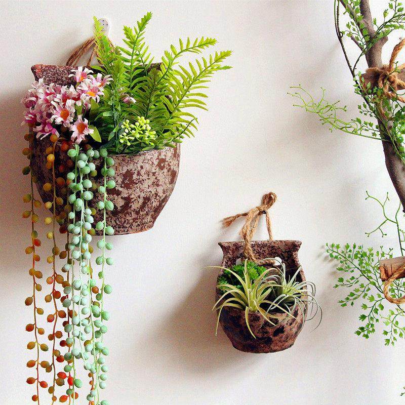 天朗星家居复古纯手工陶罐麻绳壁挂粗陶花器做旧吊挂花盆无孔水培