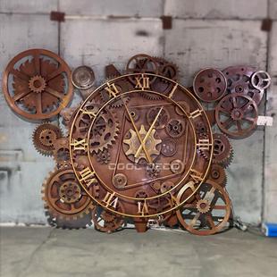酒吧餐厅KTV复古怀旧朋克工业风转动齿轮钟表背景墙面铁艺装 饰品