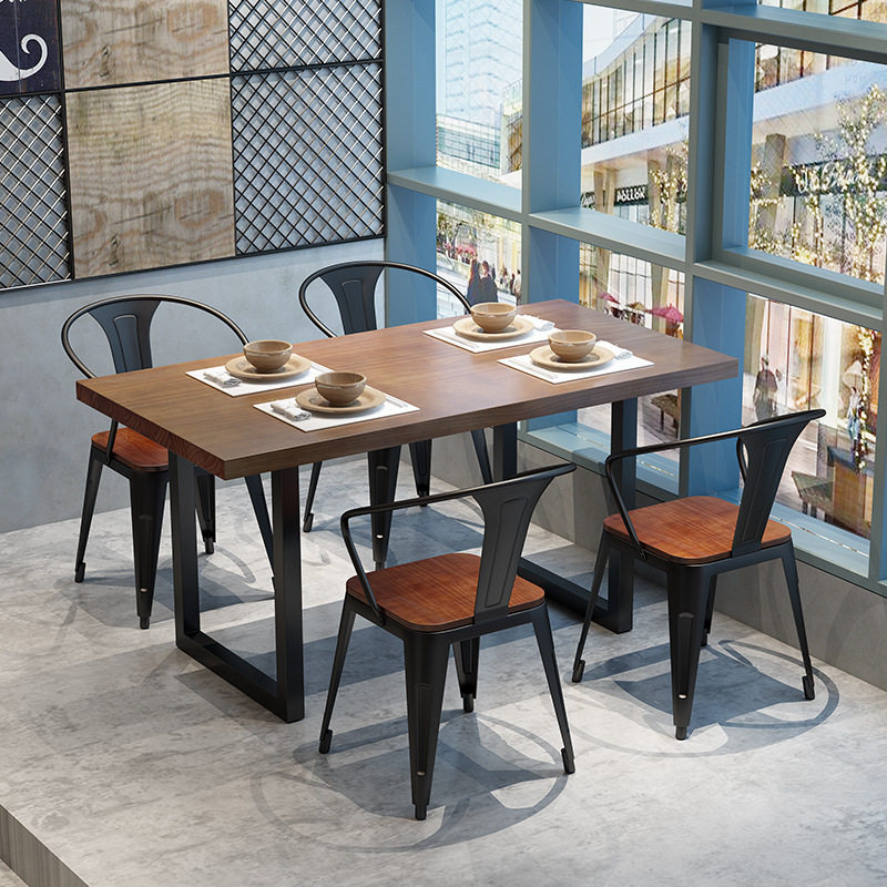 美式餐桌实木复古餐厅吃饭桌子创意咖啡店咖啡厅火锅店餐桌椅组合图片