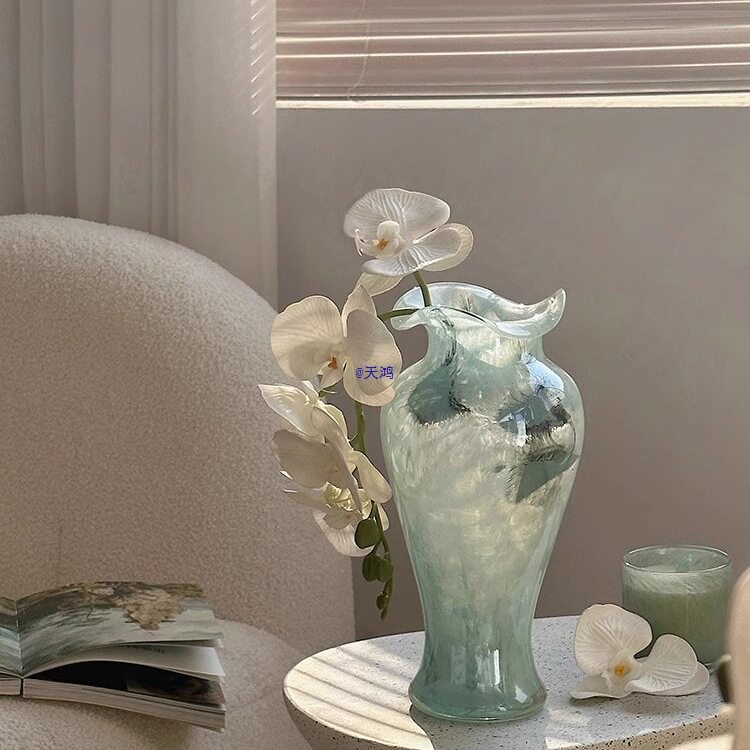 法式蓝色中古芬顿玻璃花瓶轻奢插花水培造型花器感玄关摆件