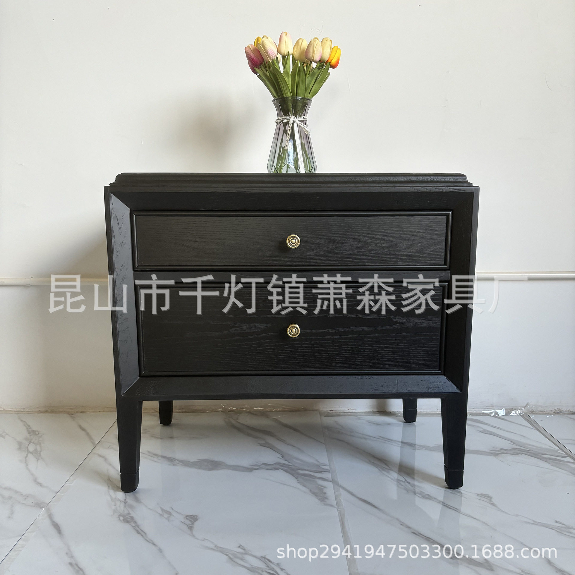 美式复古实木床头柜后现代简约卧室床边柜子法式黑色装饰储物柜