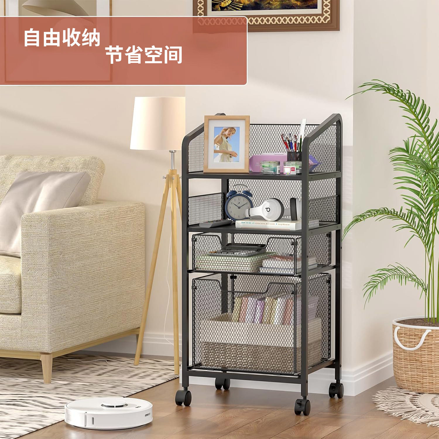 亚马逊可移动铁艺多层置物架小推车办公室文件收纳架落地零食推车