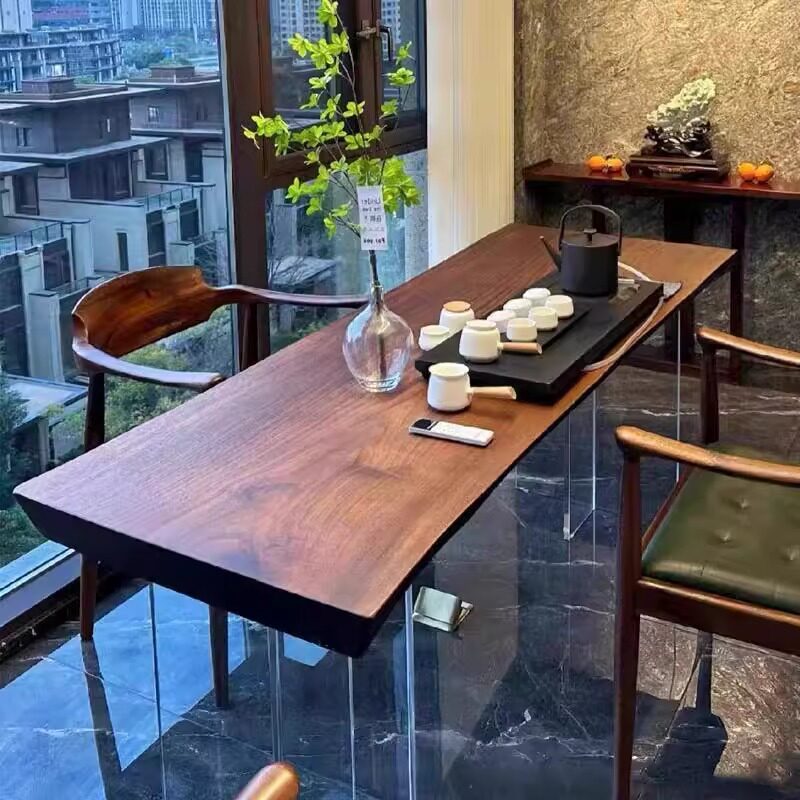 南美胡桃木轻奢悬浮茶桌实木亚克力设计阳台家用现代简约茶桌茶台