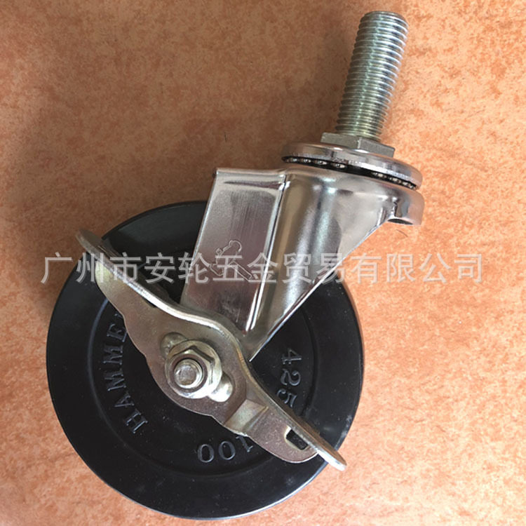 日本hammercaster锤牌 4寸橡胶带刹车脚轮M16丝杆 415EA-R 100mm