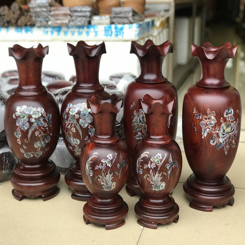 供应越南铁梨木花瓶 镶贝壳花瓶 居家办公室木制工艺品花瓶摆件