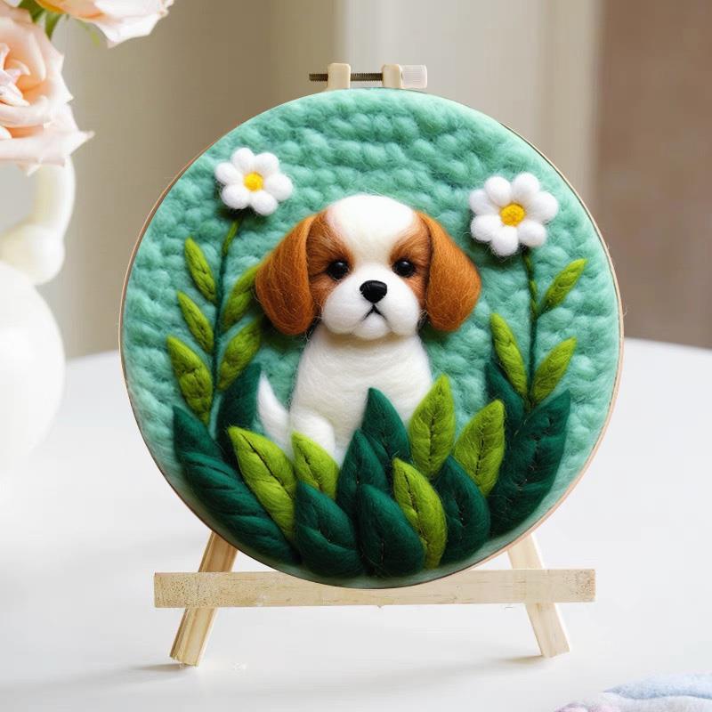 绿植小狗羊毛毡戳戳乐手工diy材料包制作生日礼物摆件装饰画挂件