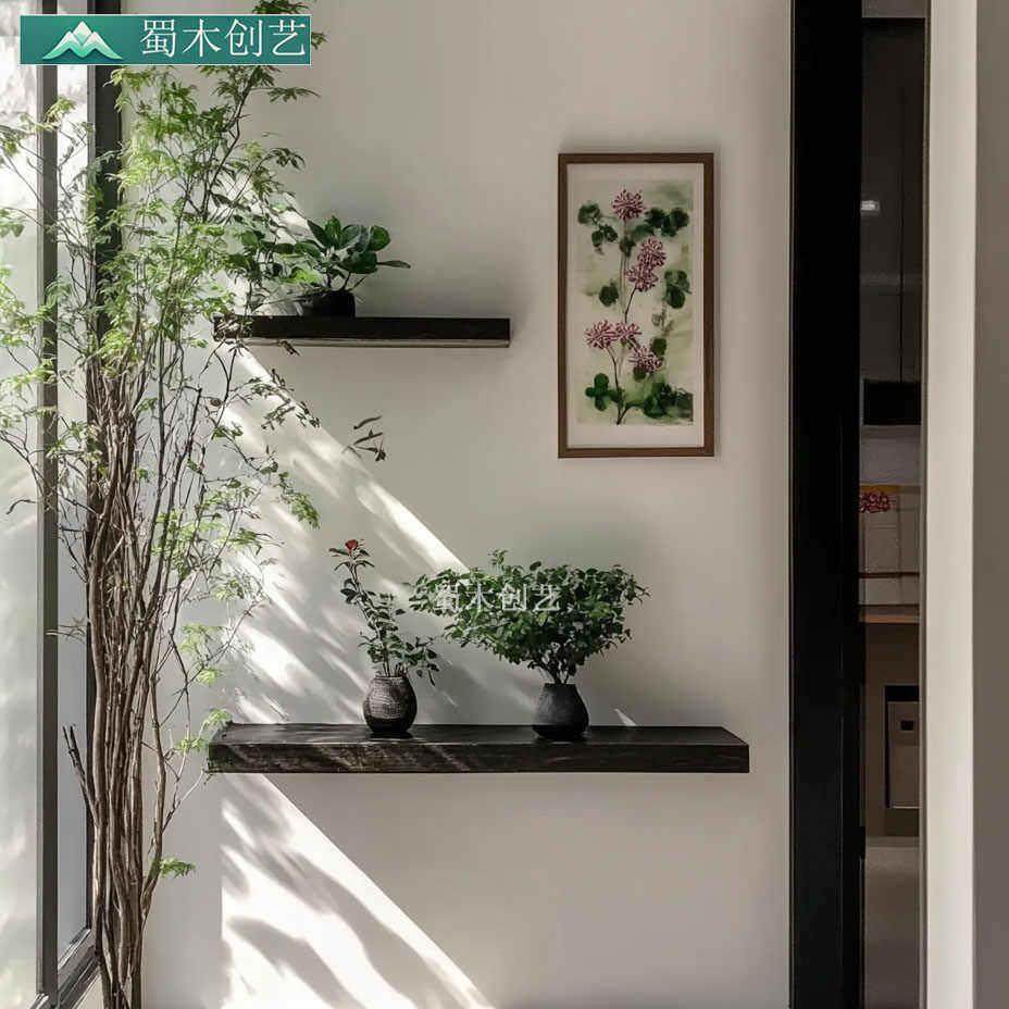 碳化纯黑色入户走廊过道装饰置物架壁挂悬浮壁炉柜收纳一字板书架