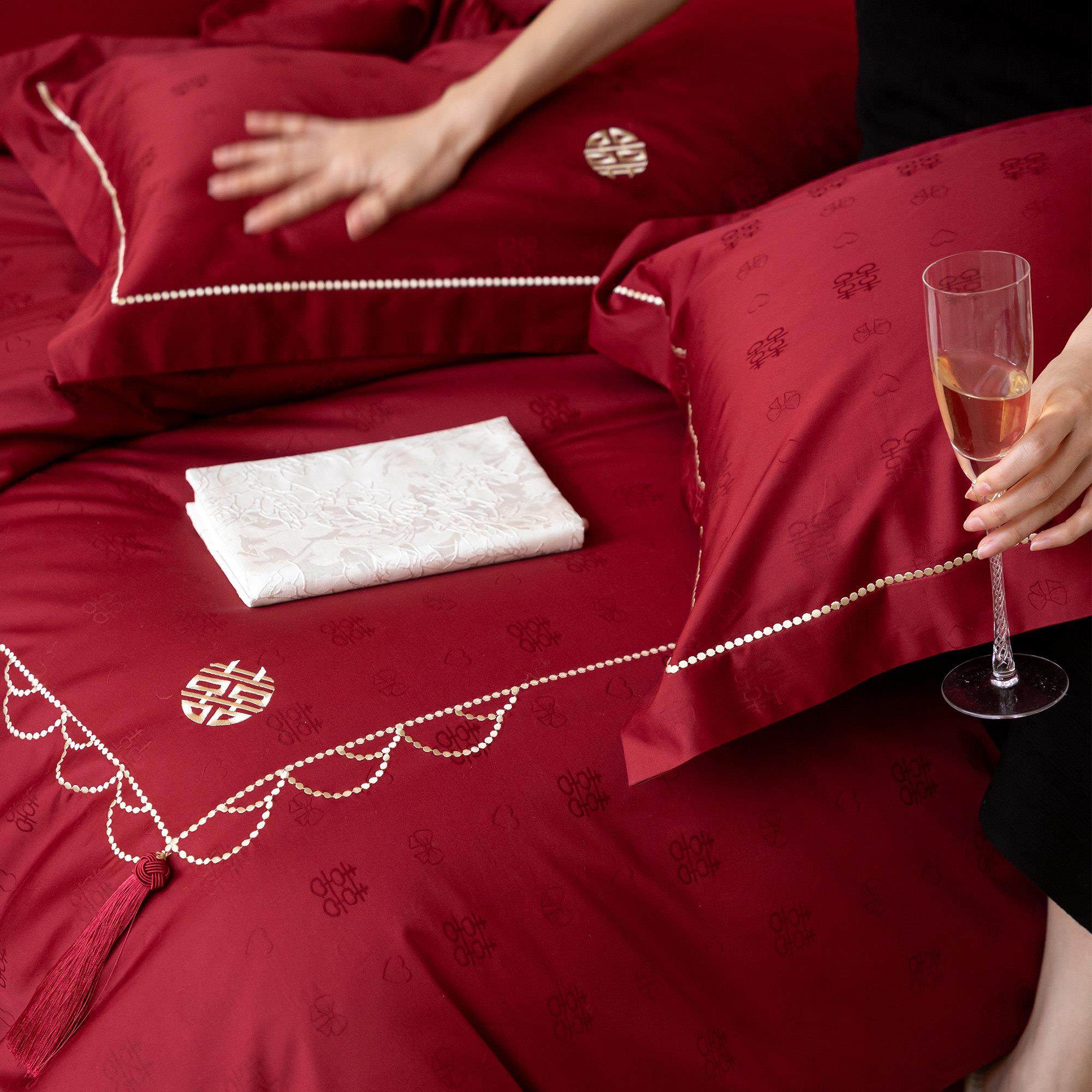 简约中式婚庆四件套全棉喜字刺绣长绒棉提花红色结婚被套床单床品