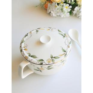 泡面拉面碗带柄陶瓷家用单个带盖碗早餐杯保温骨瓷带把手的碗6寸