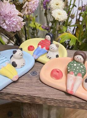 手工沙发小人香插小摆件手捏猫咪花插手绘高温陶瓷花插摆设品送礼