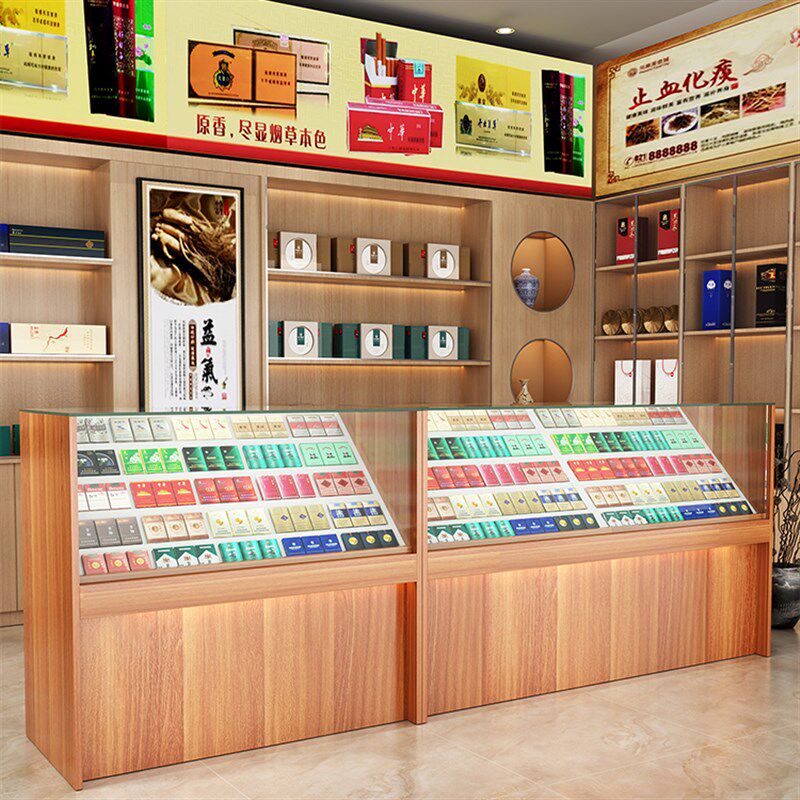 新款超市便利店木质小型烟柜钢化玻璃展示柜台带抽屉可加灯锁轮子
