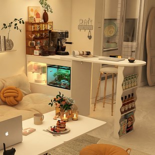 精选形影家具吧台家用可伸缩折叠窄岛台小餐边柜一体桌现代沙发隔