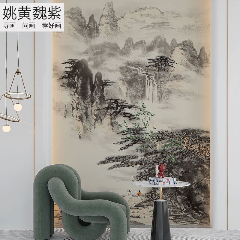 挑高山水画背景墙壁布客厅入户玄关竖幅远山峦大型壁纸画环保无味
