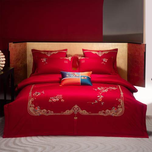 新中式婚庆刺绣全棉婚庆四六件套新婚庆大红床单被套喜被陪嫁床品