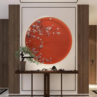 圆形装 新中式 饰画轻奢玄关茶室花鸟背景墙中国风卧室画芯壁纸壁画