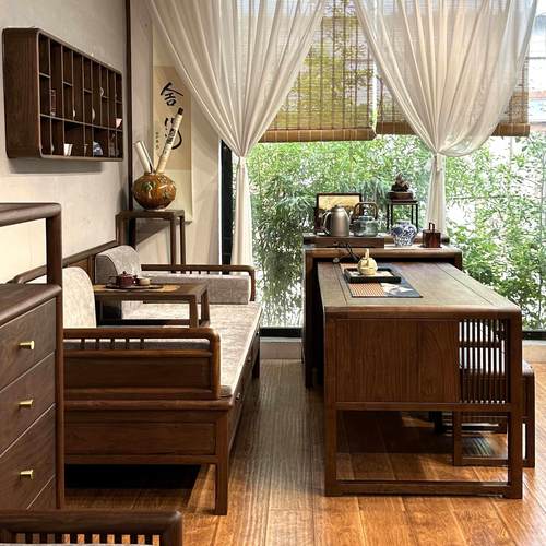 乐木新中式北美黑胡桃材质实木茶桌餐桌岛台套用圈椅方凳罗汉床