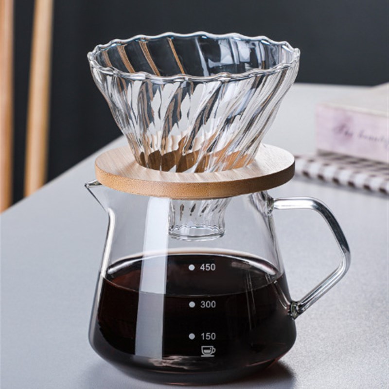 供应高硼硅d玻璃手冲咖啡壶手冲套装带木托滤杯家用玻璃咖啡分享