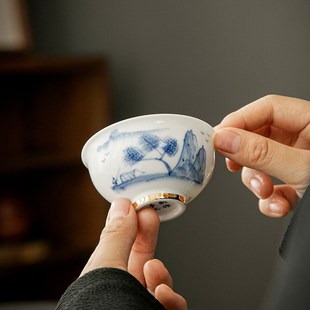 手绘山水品茗杯釉下彩陶瓷主人z杯单杯简约家用喝茶杯功夫茶具茶